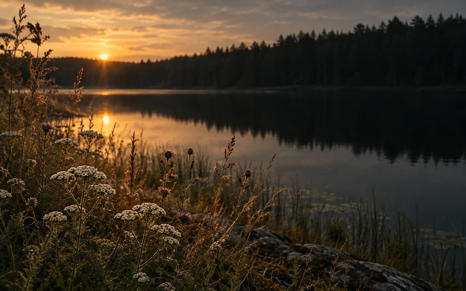 Aukštaitijos pievų augalai prie ramaus ežero saulėlydžio metu