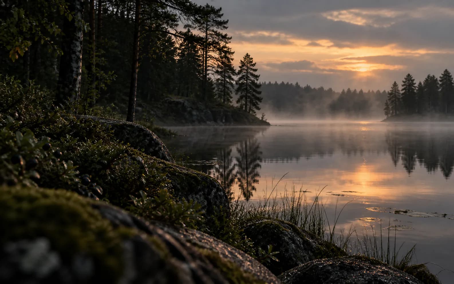 Miglotas Lietuvos miškų ežeras ryto šviesoje
